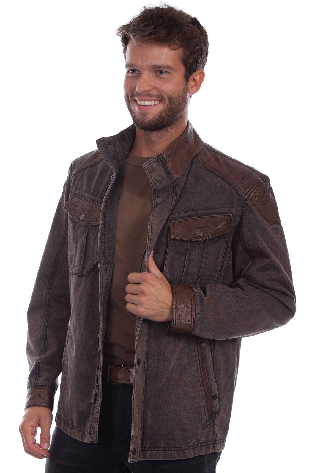 SCULLY- LEATHER TRIMMED DENIM JACKET
